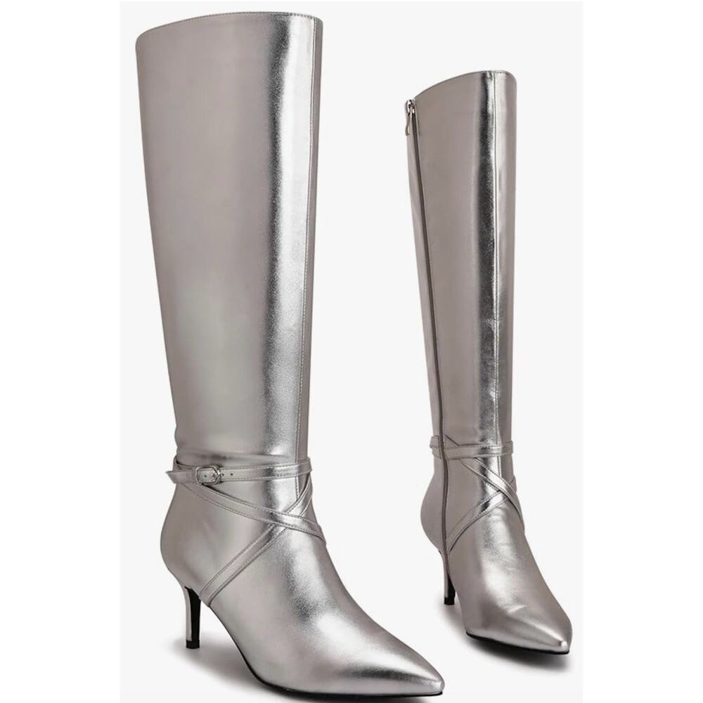 Feetquake Silver Metallic Slouchy Mid‎ Calf Boots Womens Size 7 Stiletto